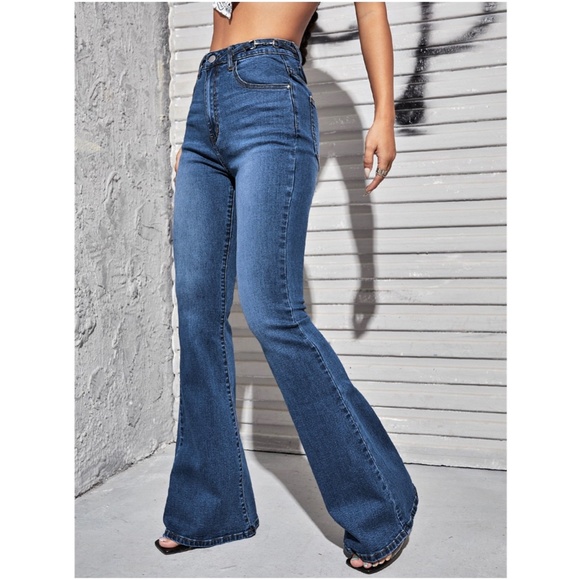 Dark Wash Flare Leg Blue Denim Wide leg Jeans - Picture 2 of 5